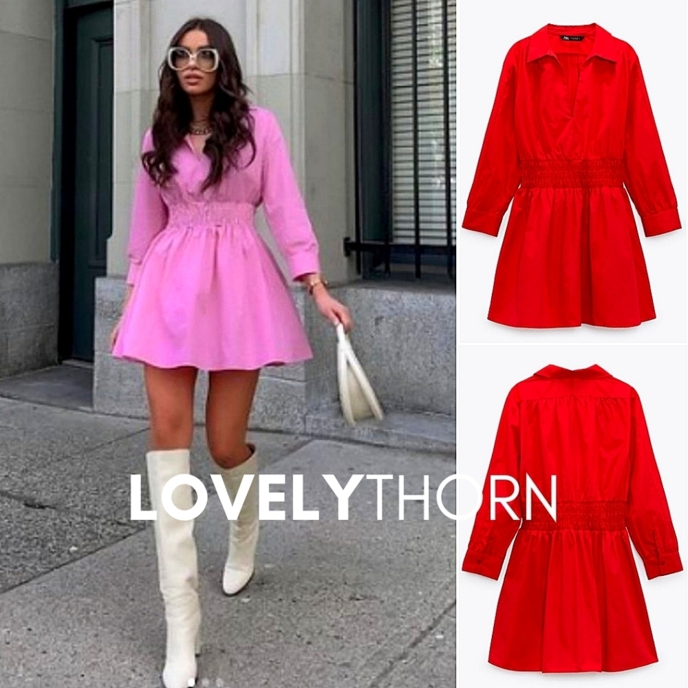 ZARA // retro-chic red poplin collar smock waist long sleeve plunge mini dress - Picture 5 of 16